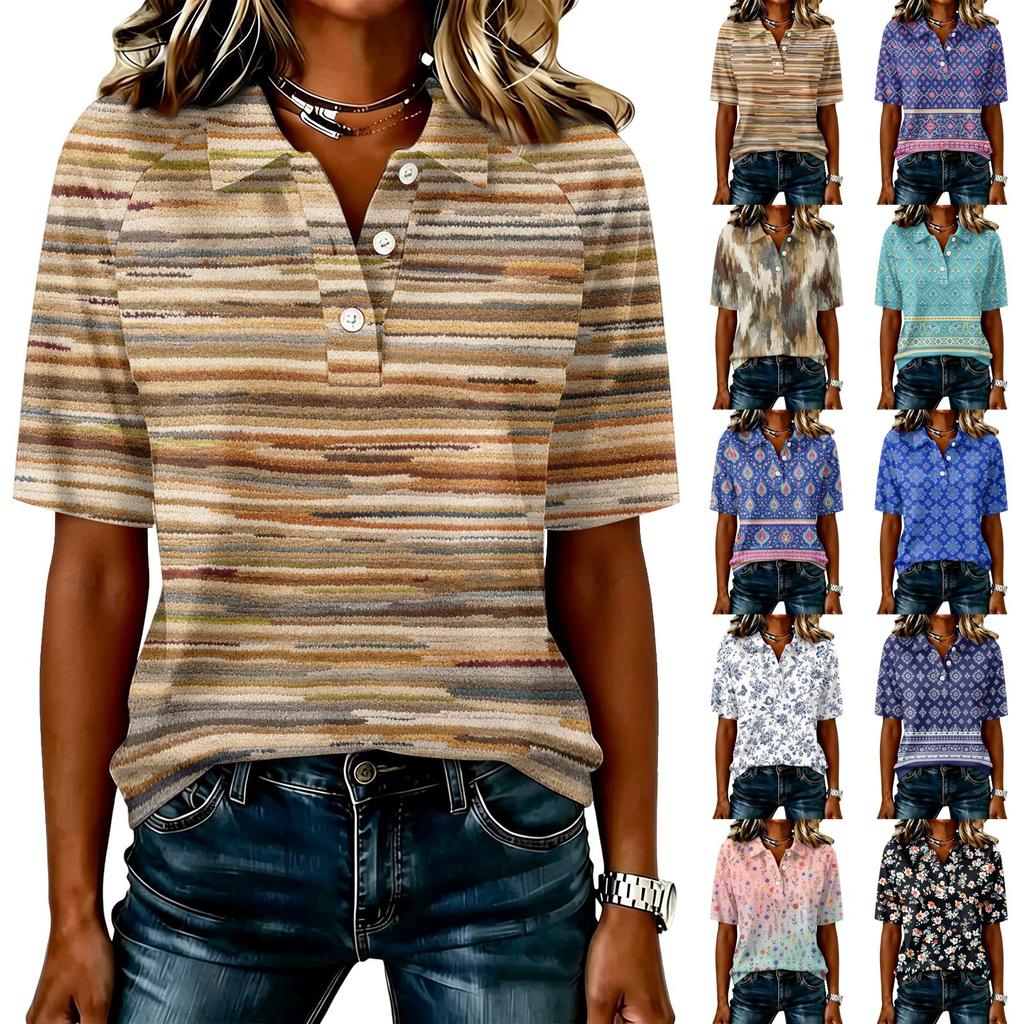 Women Casual Floral Print Top Short Sleeve V Neck Button Front Blouse Lightweight Loose Fit Shirt for Everyday Wear