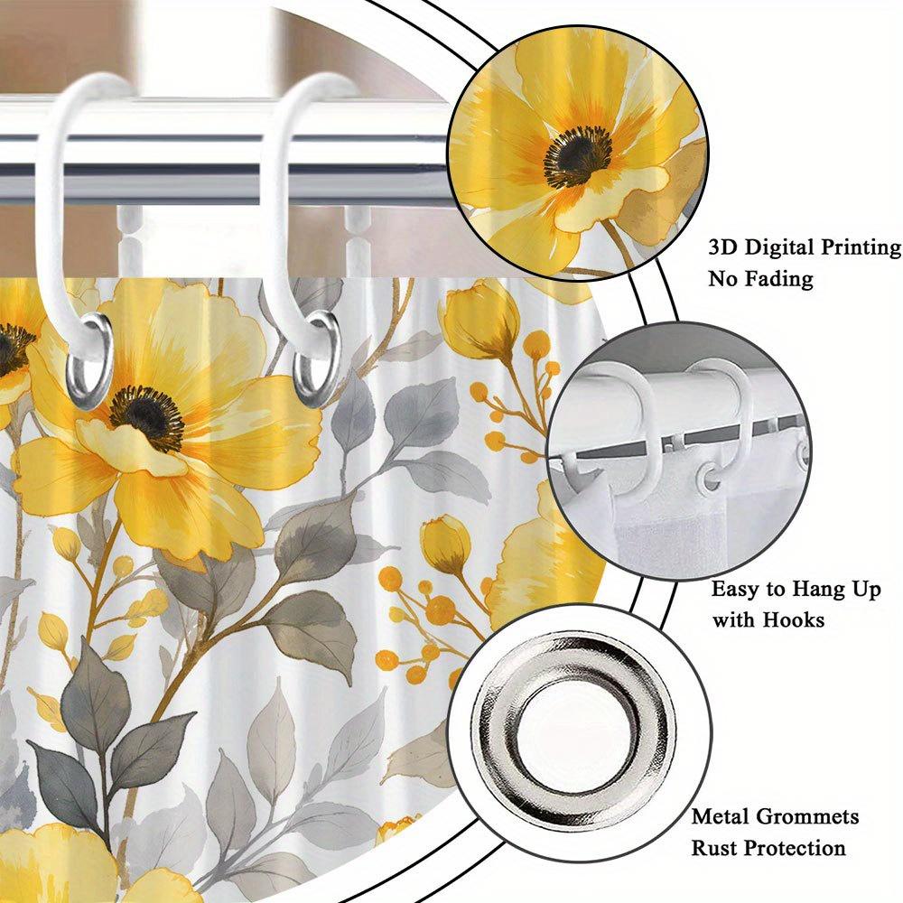 1Pc Bright Yellow Botanical Pattern Shower Curtain, Machine Washable Shower Curtain With Hooks For Bathroom Decoration