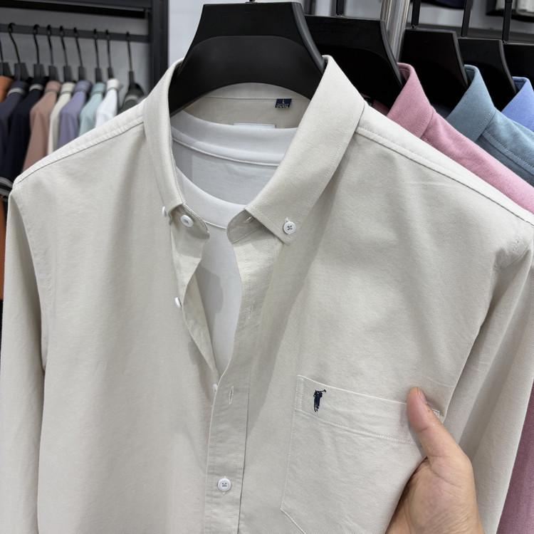 Men's High-End Embroidered Long-Sleeve Solid Color Shirt with Pockets for Spring and Autumn - Business Casual and Versatile
