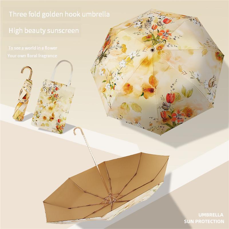 French Oil Painting Three-Fold Small Gold Hook Parasol Protection Against Ultraviolet Women'S Rainy Umbrella Sun Umbrella Small