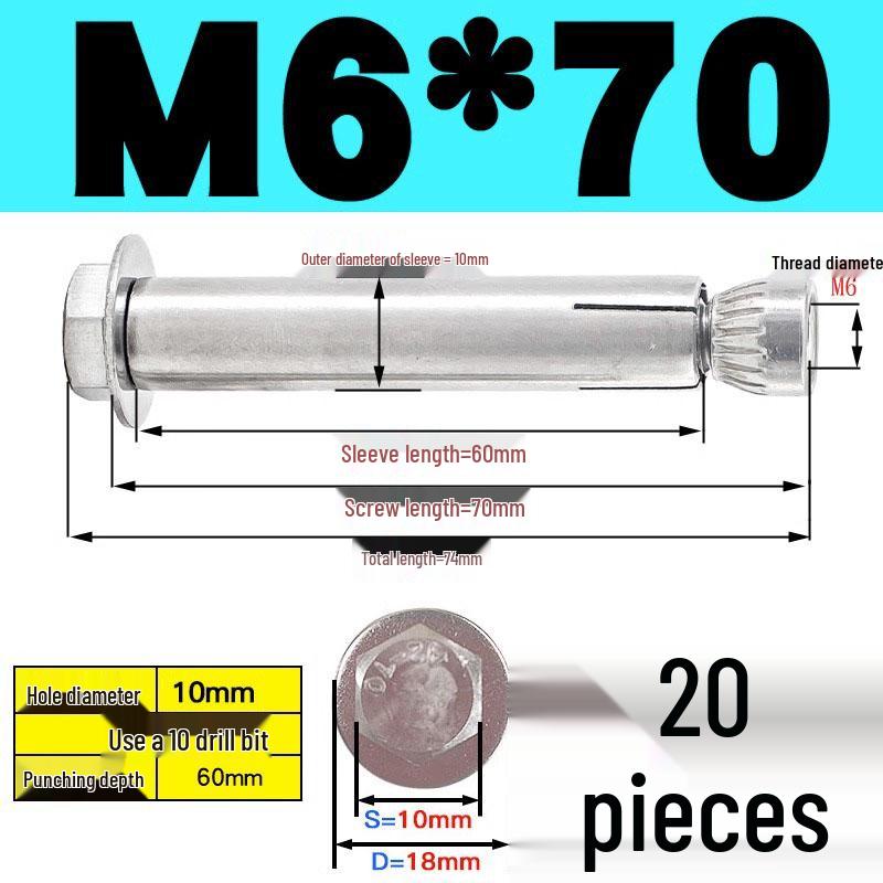Stainless Steel Expansion Screw: Hexagonal Head with Internal Expansion (304/201), Sizes M6, M8, M10, M12.