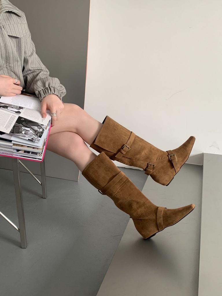 Boots Women's inner height increase 2025 new boots Autumn and winter women's boots Square head suede high boots Western knight boots