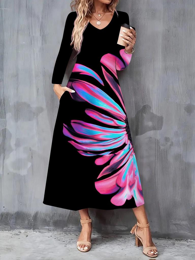 2025 Autumn and Winter New Women Casual Fashion Dress 3D Geometric Pattern Print Long Sleeve V-Neck A-Line Dresses