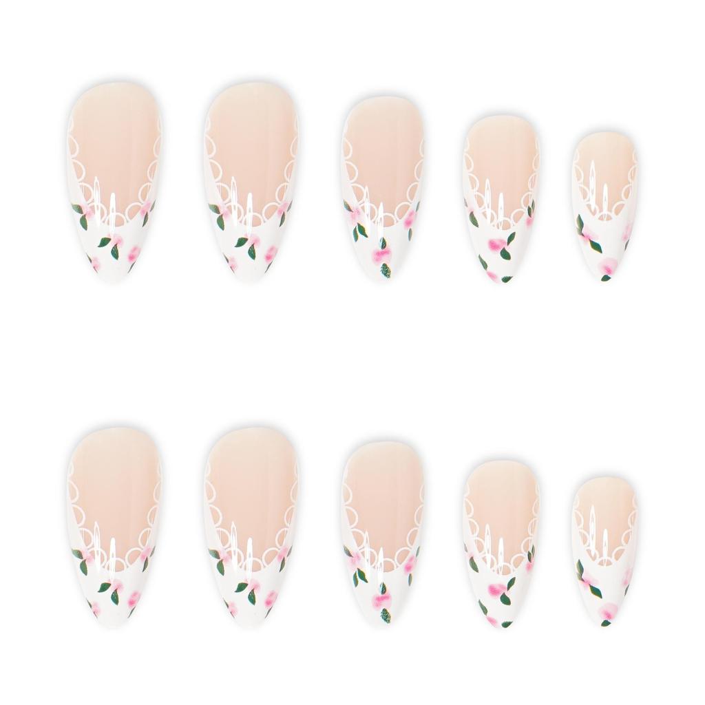Simple White French Nail Tips with Leaves and Flowers Design, 24-Piece Wearable Set, European and American Style