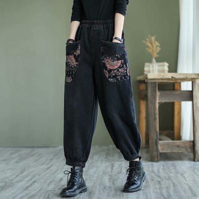 Women's Autumn Retro Denim Jeans Loose Plus Size Pocket Printed Lantern Pants Fashionable Denim Harem Pants