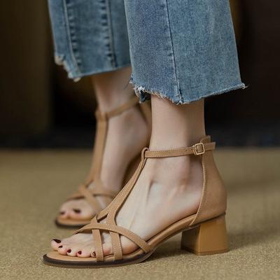 Neuer Stil von Mid-Heel Cross-Toe Sandalen, Weiches Leder Blockabsatz Damen Schuhe