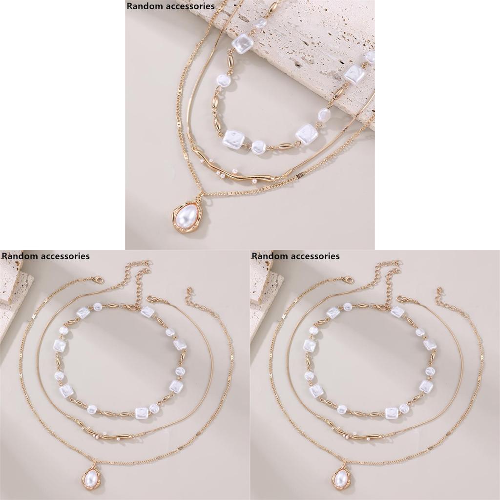 Geometric Artificial Pearl Pendant Necklace For Women With Multilayer Chain Summer Style
