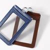 2-Sided Transparent Window Badge Holder ID Business Work Card Holders Genuine Leather Card Case with Lanyard (Can Hold 4 Cards )