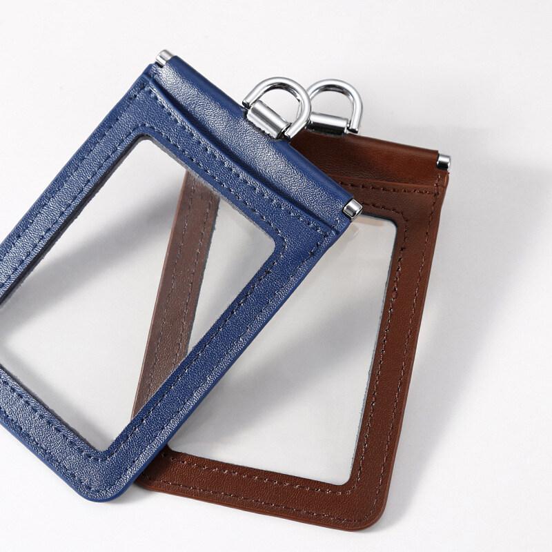 2-Sided Transparent Window Badge Holder ID Business Work Card Holders Genuine Leather Card Case with Lanyard (Can Hold 4 Cards )