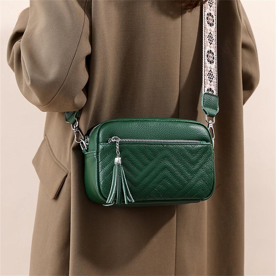 Echtledertasche mit Quasten Luxus Rindsleder Umhängetasche für Mädchen breiter bestickter Henkel Schultertasche