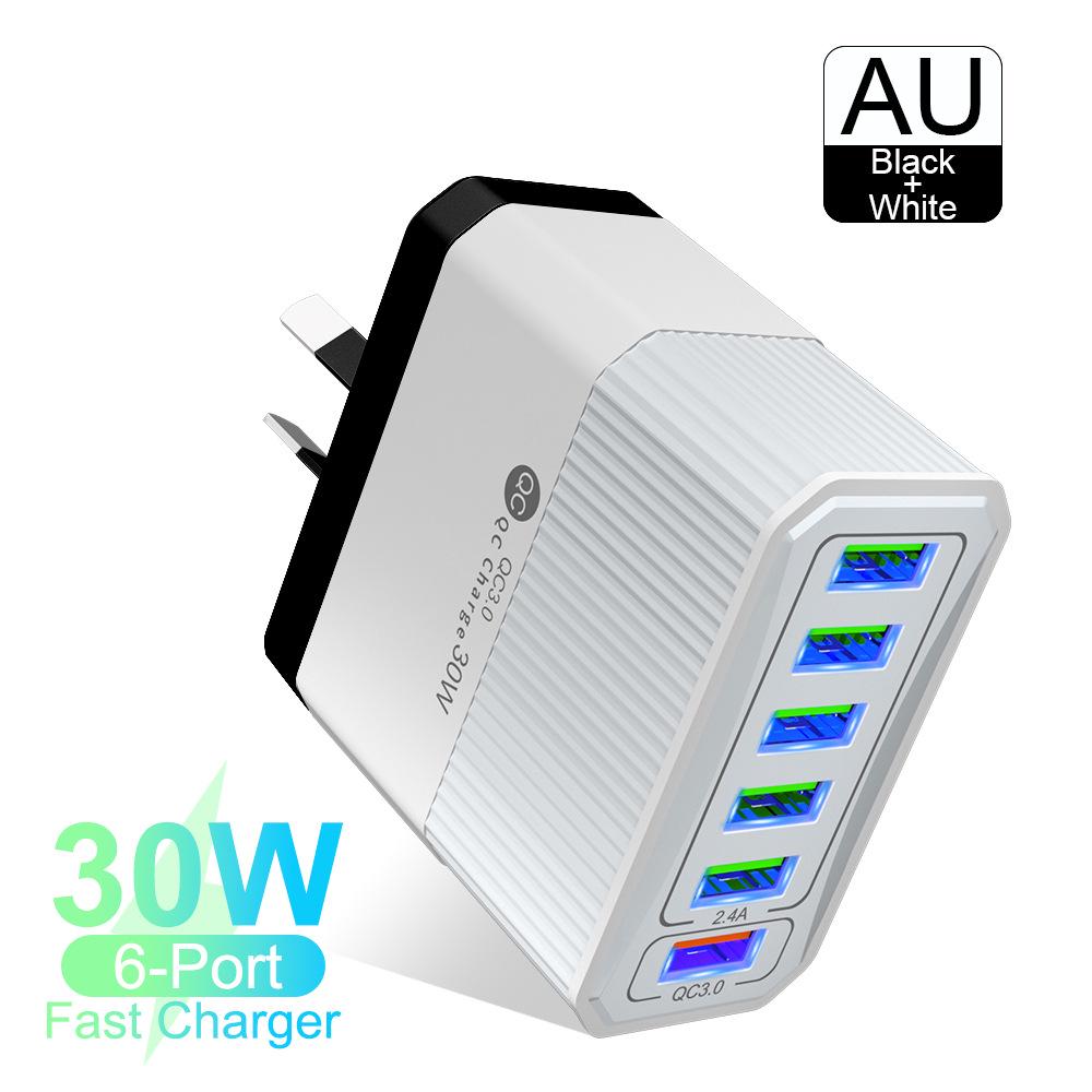 QC3.0 30W Six-Port Fast Charger with EU/US/UK/AU Plugs