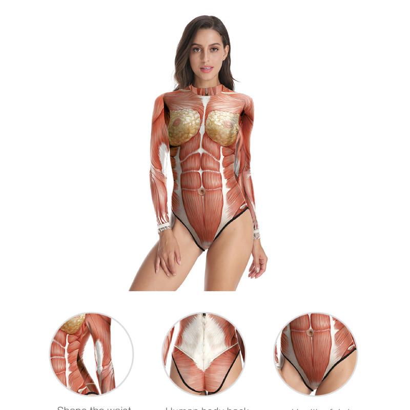 Body Tissue Print Swimwear Beach Pool One Piece Tight Long Sleeve Bikini Women