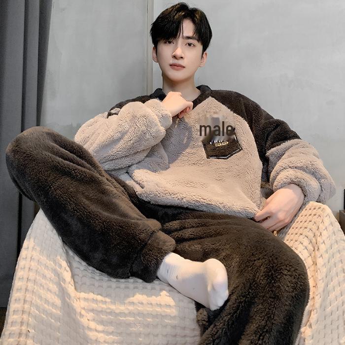 

Мужской плюшевый пижамный комплект с героями мультфильмов — круглый вырез, длинный рукав, теплые брюки, идеально подходит для осени и зимы. 3XL