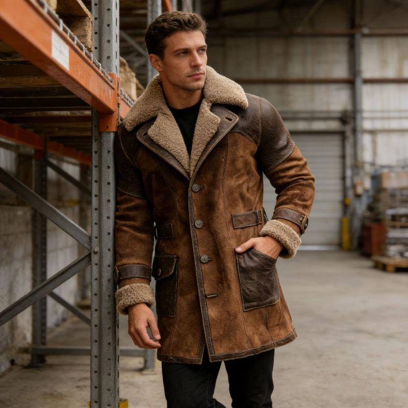 Mens Vintage Patchwork Suede Fleece Lined Thick Long Winter Jacket Coat