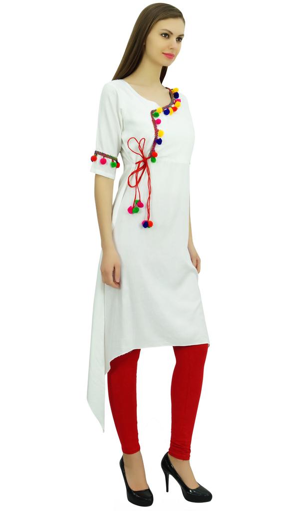 Phagun Angrakha Style Rayon Womens Tunic Kurta Pom-Pom Designer Kurti Top Indian