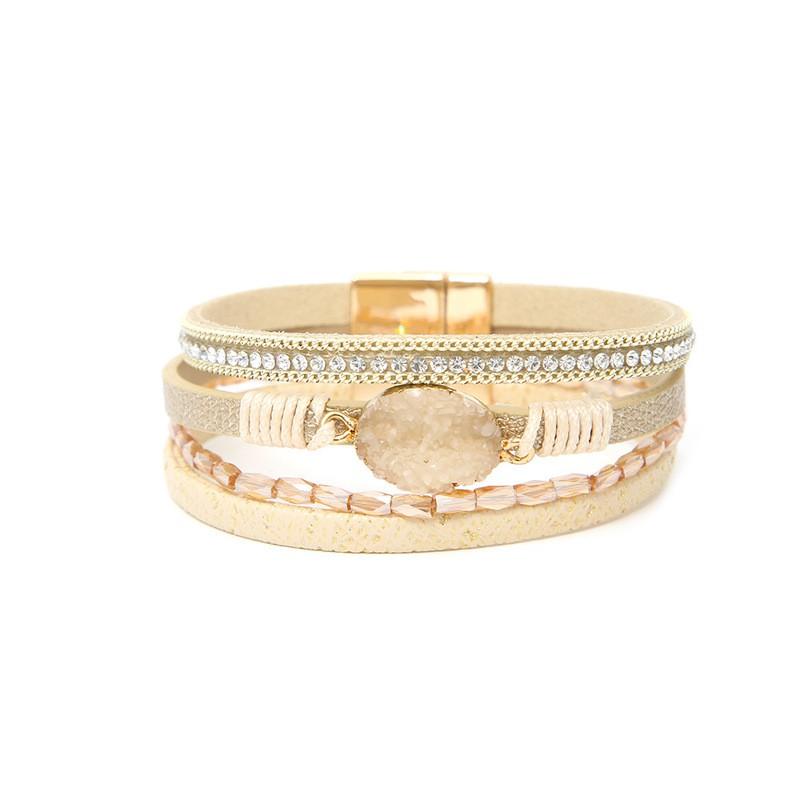 Crystal Rhinestone Vintage Ethnic Beaded Magnetic Clasp Leather PU Bracelet Women Men