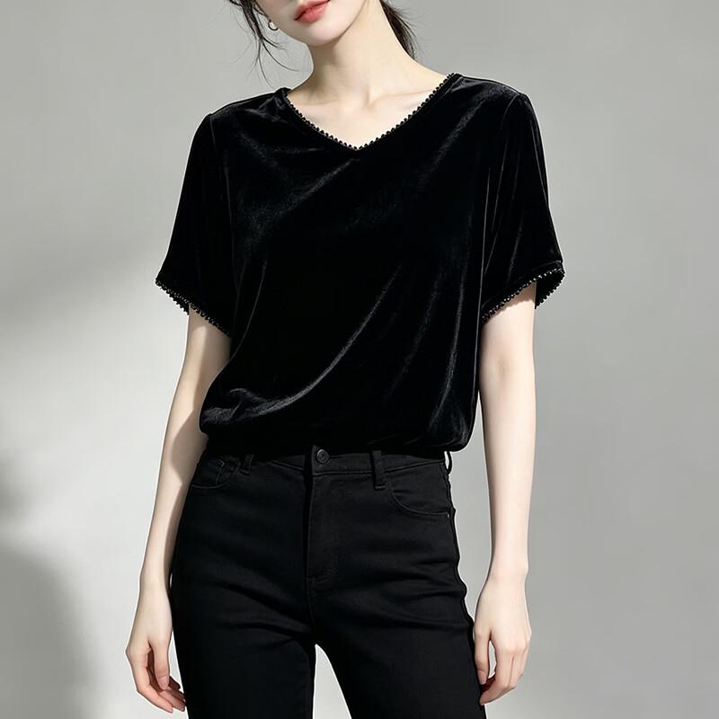 Women s Mulberry Silk Velvet V-Neck Short Sleeve Top M