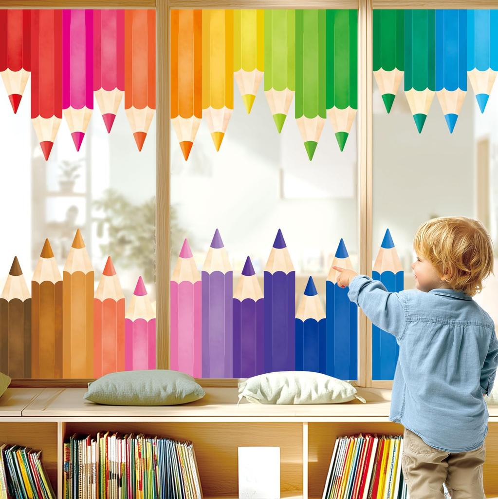 DECOWALL 27-Piece Rainbow Colored Pencil Static Window Stickers, Reusable Waterproof Glass Decals for Kids Room & Home Decor, No Adhesive, DIY Vinyl