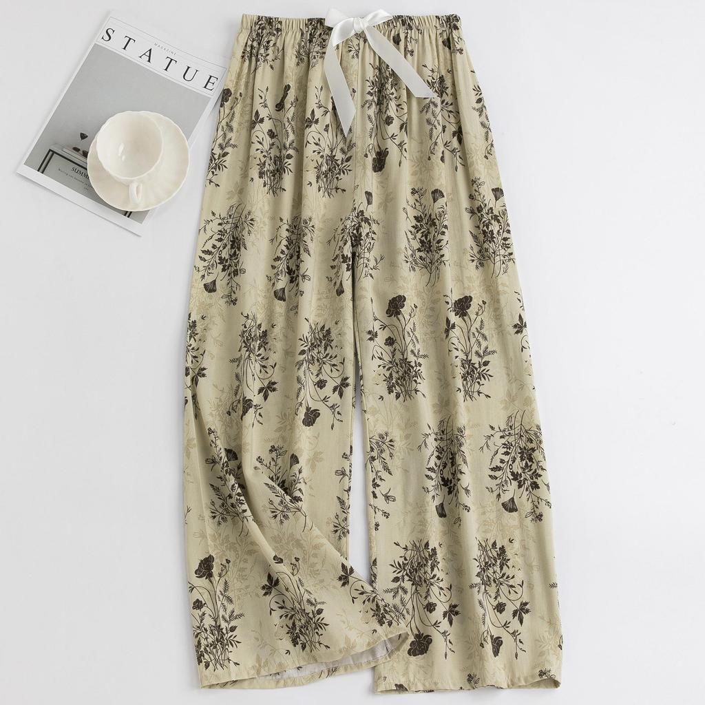 Women's Floral Cotton Silk Pajama Pants, Mosquito Repellent, Outdoor & Home Wear, Plus Size, Lightweight Summer Style.