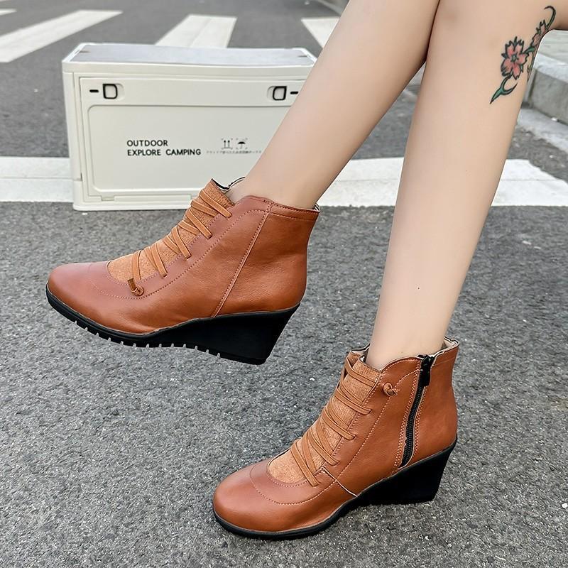 Women's Retro Chunky Heel Ankle Boots Side Zipper Slip On Platform Shoes Plus Size