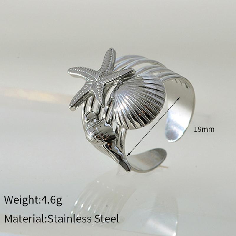 Stainless Steel stylish Unique Simple Starfish Conch Shell Open Rings for Women Anti Allergenic Waterproof Gold Plated Zircon