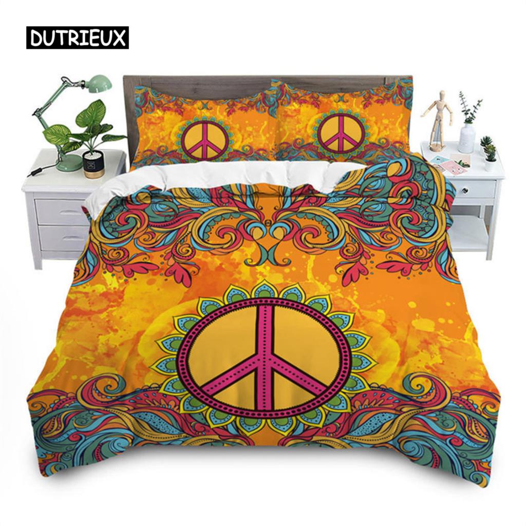 Peace Symbol Duvet Cover Gorgeous  Camper Van Peace Sign Bedding Set Microfiber Mandala Comforter Cover King Size Bedroom Decor
