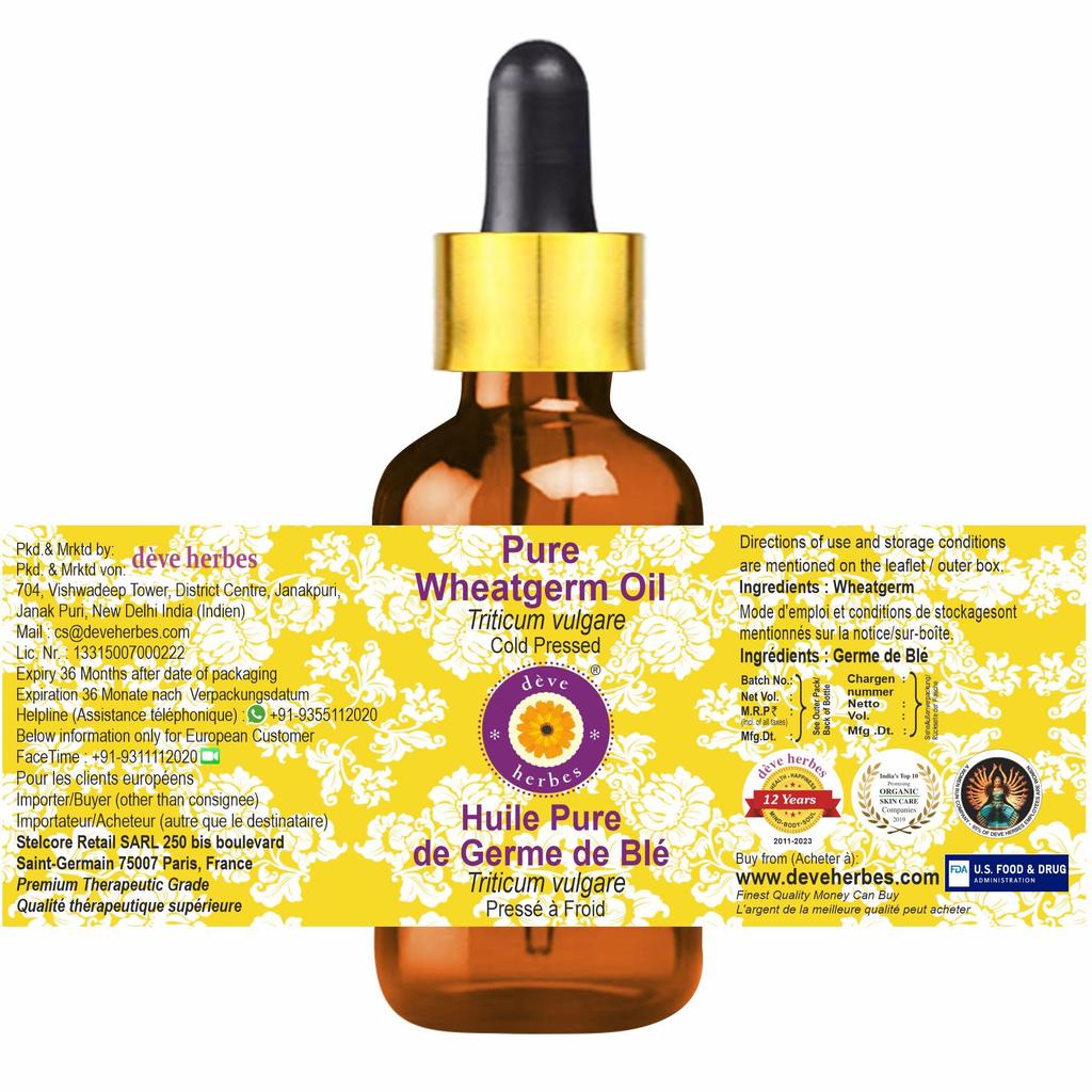 Deve Herbes Pure Wheatgerm Oil (Triticum vulgare) with Glass Dropper Natural Therapeutic Grade Cold Pressed 10ml