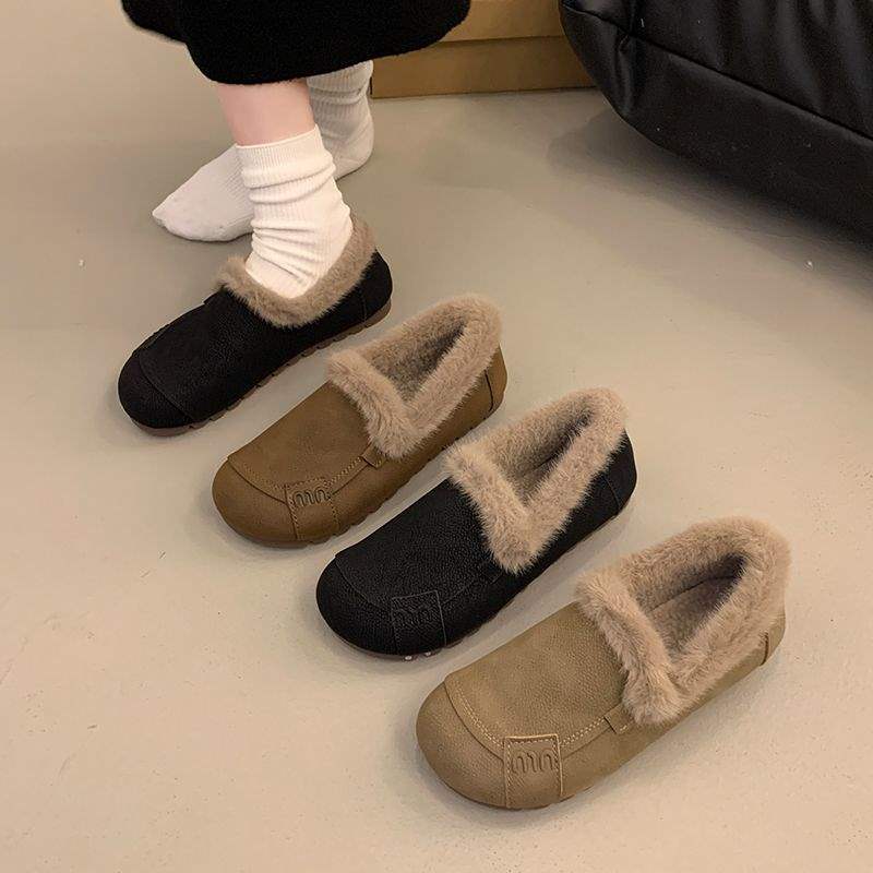 Winter new lamb wool velvet beanie shoes women's beef tendon soft sole soft surface one pedal warm women's snow cotton shoes