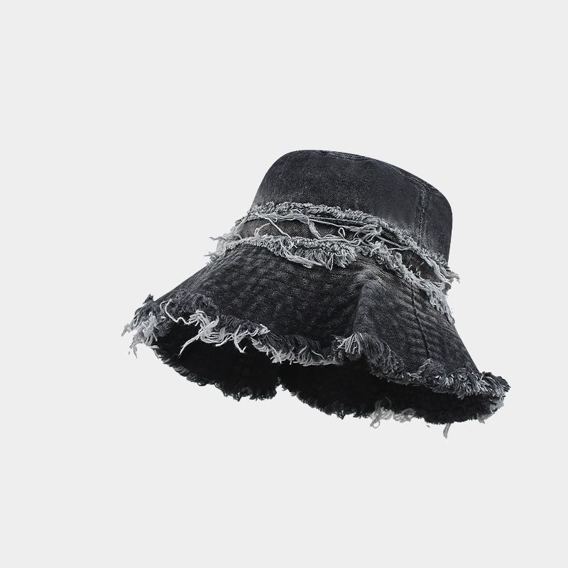 Chapeau seau patchwork en jean vintage Chapeau de soleil respirant avec bord effiloché pour hommes/femmes (Plage, Pêche, Plein air) Nouveau Rétro (black,54-58cm) noir