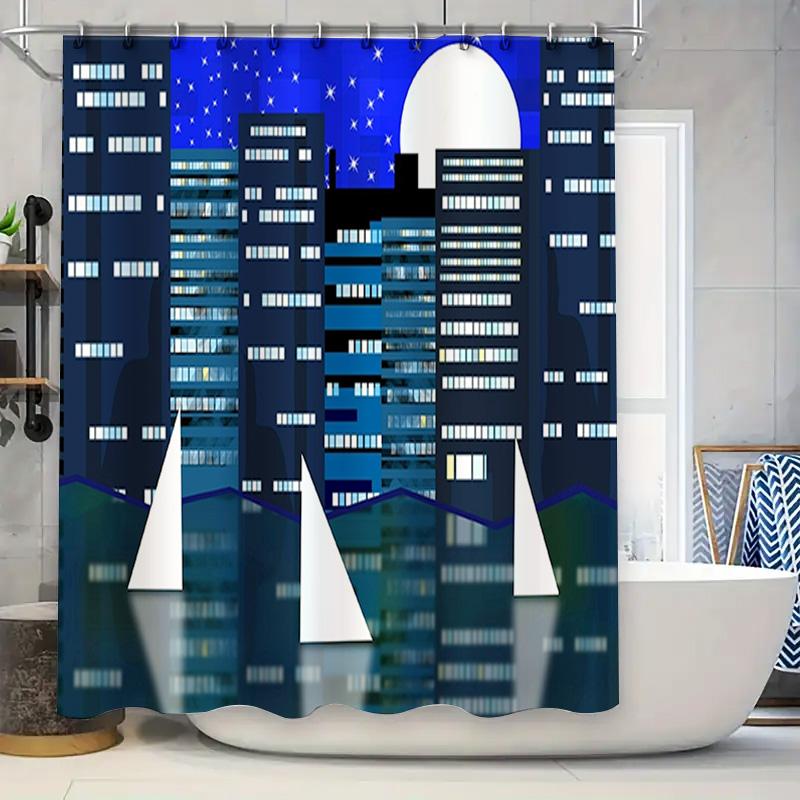 

Blue Moon Cityscape Shower Curtain Modern Urban Design for Bathrooms Decor, Customizable Size Available (No spaces or symbols al 90x180cm