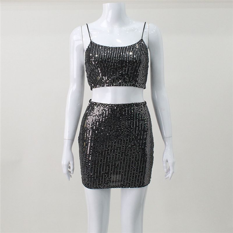 

European and American Sexy Silm Glitter Tube Top Slip Dress Suit Skirt Sexy Top Skirt Suit Set Gray L
