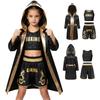 Boys Girls Boxing Costume Sleeveless Floral Print Top and Elastic Shorts with Hooded Robe Belt for Stage Performance