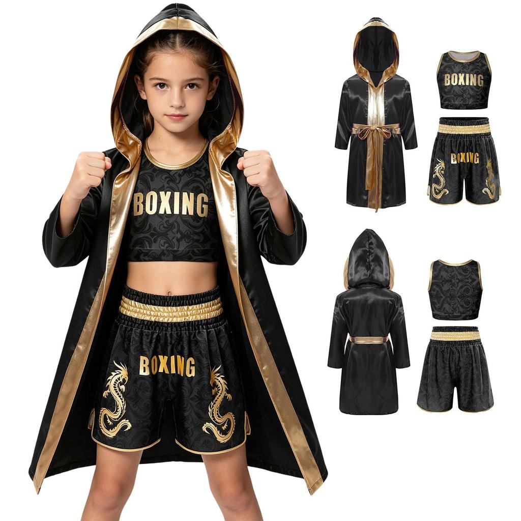 Unisex Kids Fight Wear Floral Vest Shorts Set with Hooded Robe Belt Metallic Trim for Boxing Kickboxing Practice