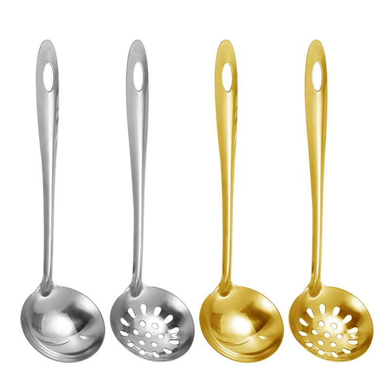 Golden Stainless Steel Long-Handle Ladle & Skimmer Spoon for Soup, Porridge, Hot Pot, and Kitchen Use