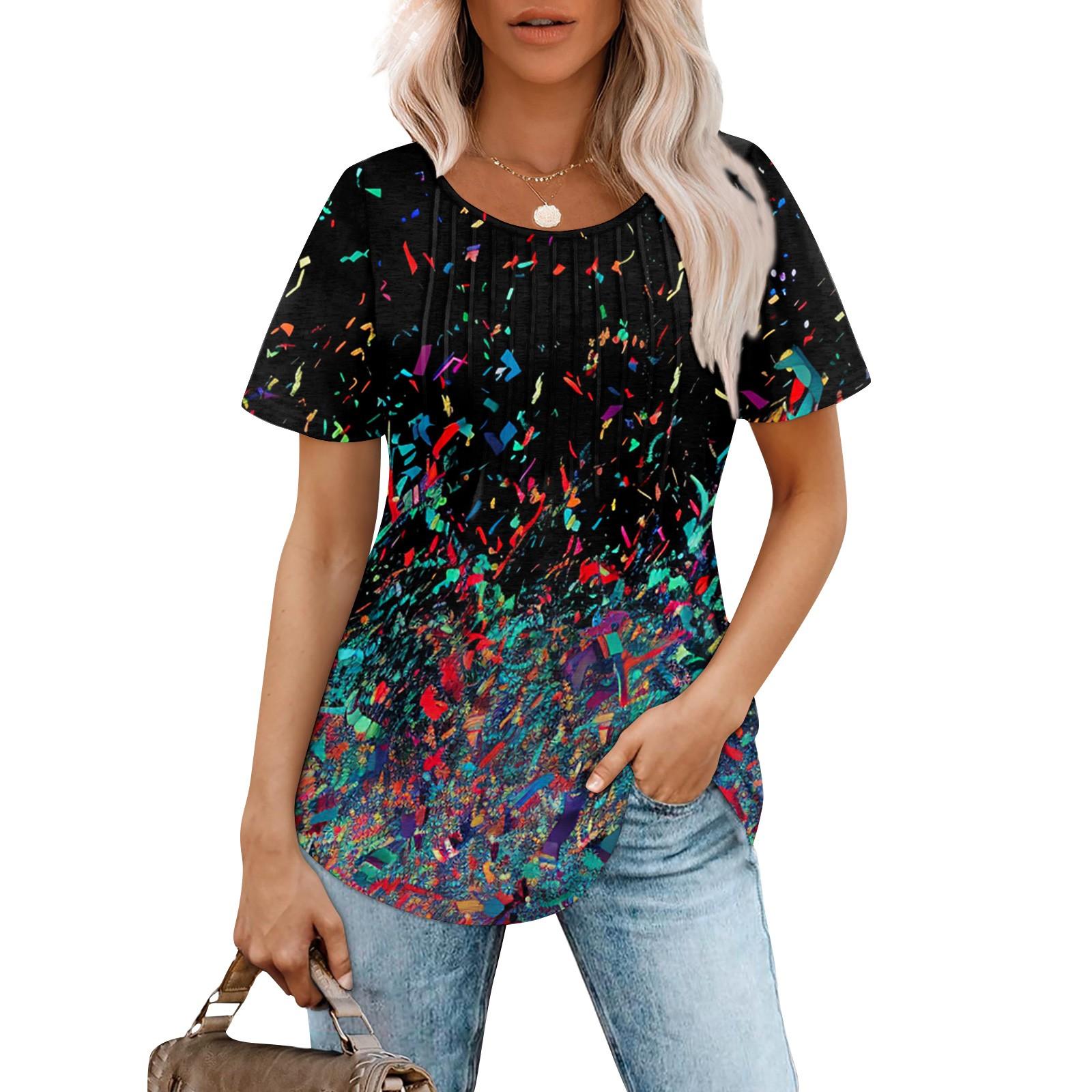 

Женская модная повседневная плиссированная футболка с короткими рукавами и круглым вырезом с градиентным принтом L чёрный