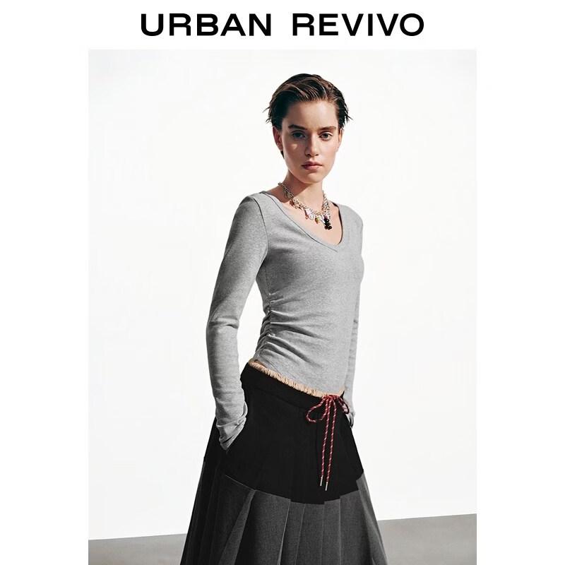 UR2026 Women's V-Neck Pleated Slim Long-Sleeve T-Shirt