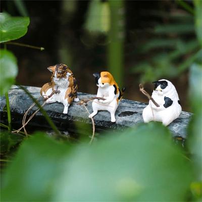 Katten Vissen Beeldje Kat Sculptuur Zittend Vissen Kleine Schattige Kat Hars Ornament Decoratief Meubilair Voor Aquarium Thuis