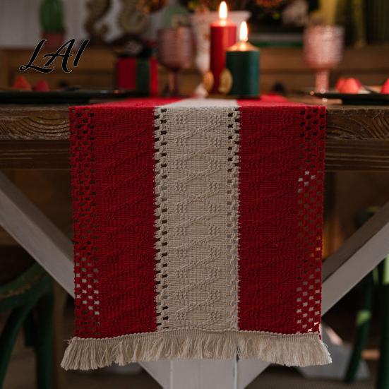 Cotton Linen Table Mat for Parties Boho Striped Runner Fringed Edge Rustic Farmhouse Runner Dining Table Home Holiday Party Decoration Heat