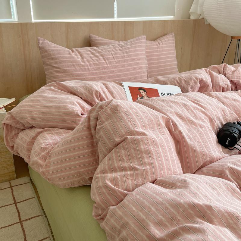 Ins Nordic Bedding Set Striped Pure Cotton Duvet Cover Set Skin-Friendly Single Twin Full Queen Size Flat & Fitted Sheets Set