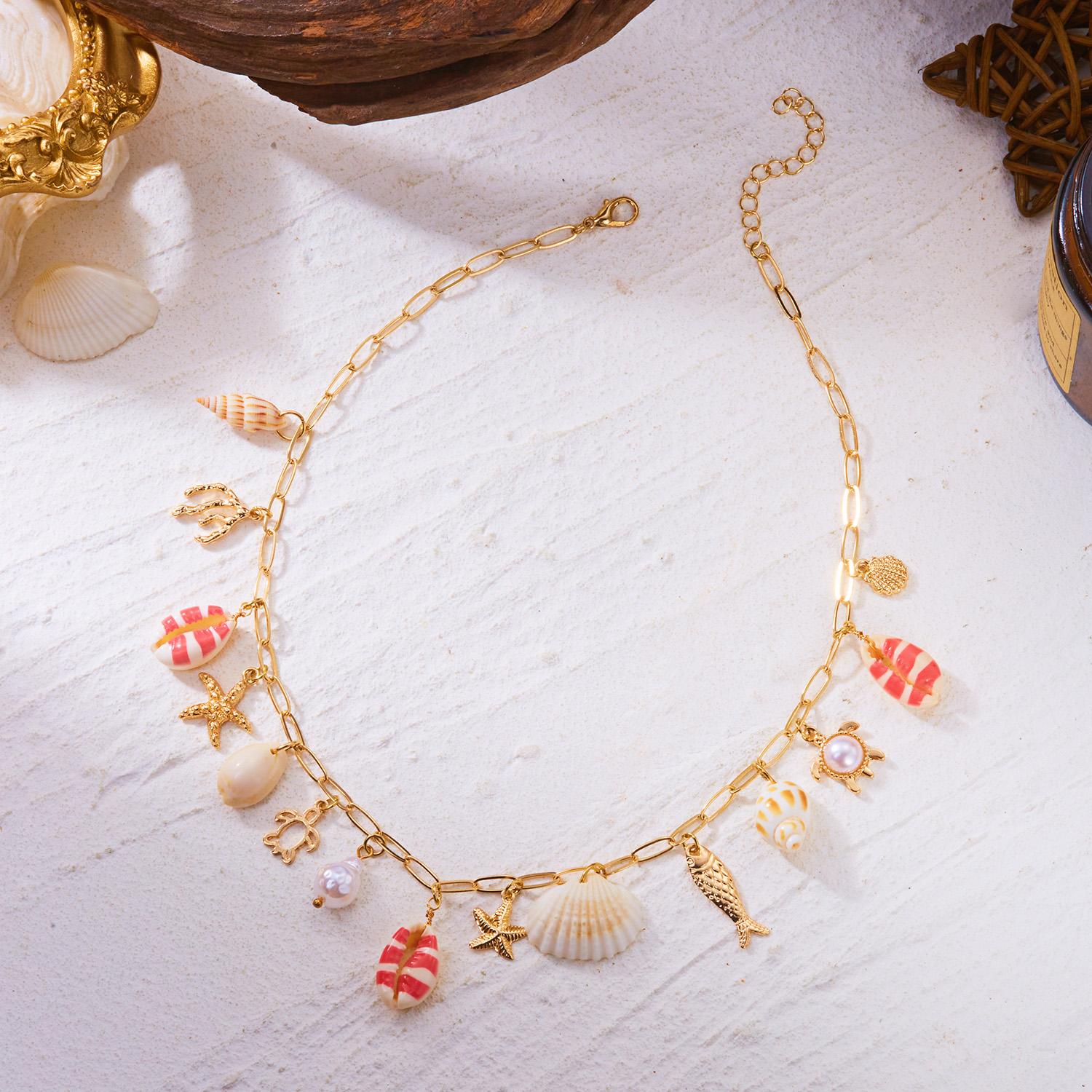 

Bohemian Starfish Conch Imitation Pearl Clavicle Necklace for Women Colorful Shell Multi Pendant Chain Beach Party Jewelry Gift