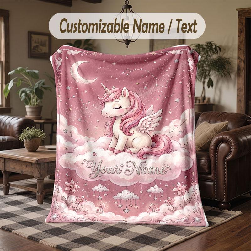 Unicorn Theme Throw Blanket Custom Name Text Personalized Blanket Soft Cozy Blanket for Home Sofa Bed