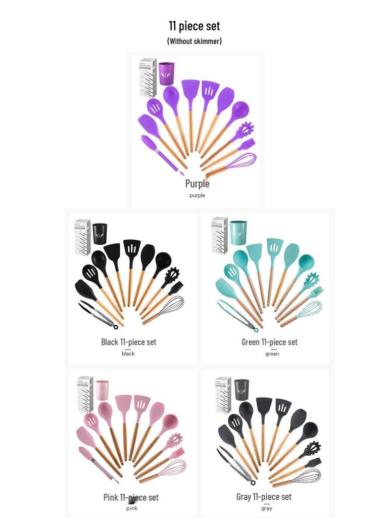 12-Piece Silicone Kitchen Utensil Set with Wooden Handles - Includes Spatula, Slotted Spoon, Frying Spatula, and Baking Tools