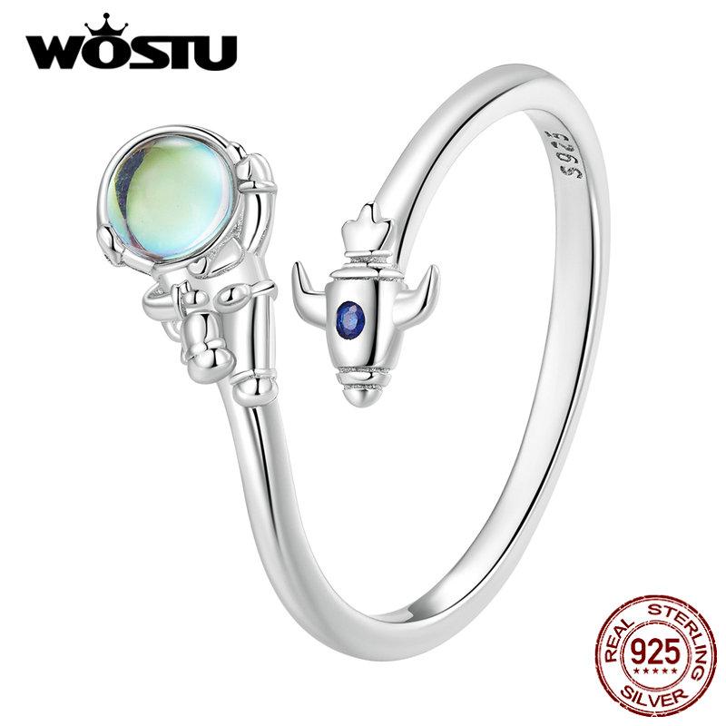 WOSTU 925 Sterling Sølv Rommann & Romfartøy Åpningsring Astronaut Justerbar Ring for Kvinner Bursdagsgave Finesmykker
