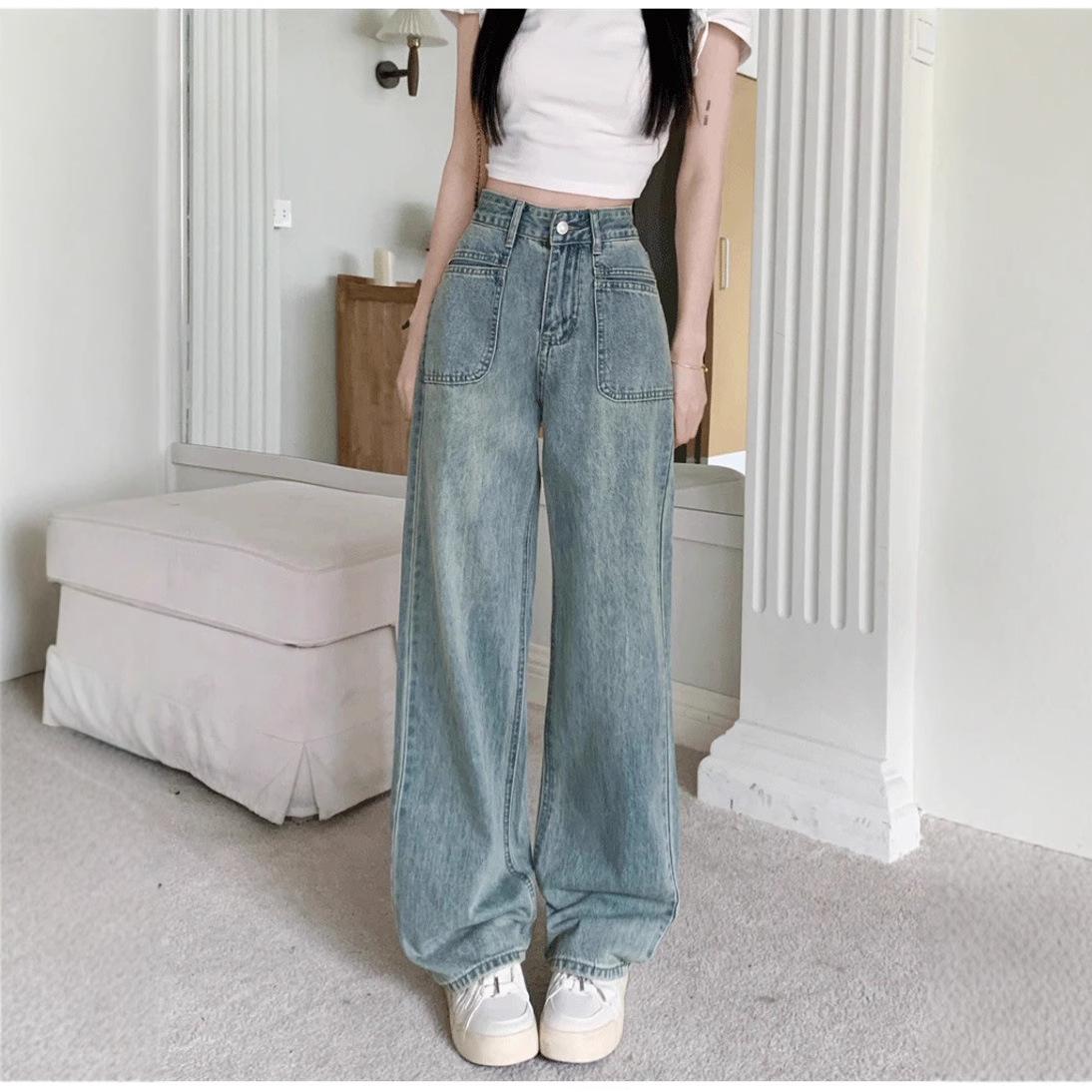 

Women s High-Waisted Drapey Mop-Length Summer Jeans, 2025 Slimming Loose Wide-Leg M світло-синій колір