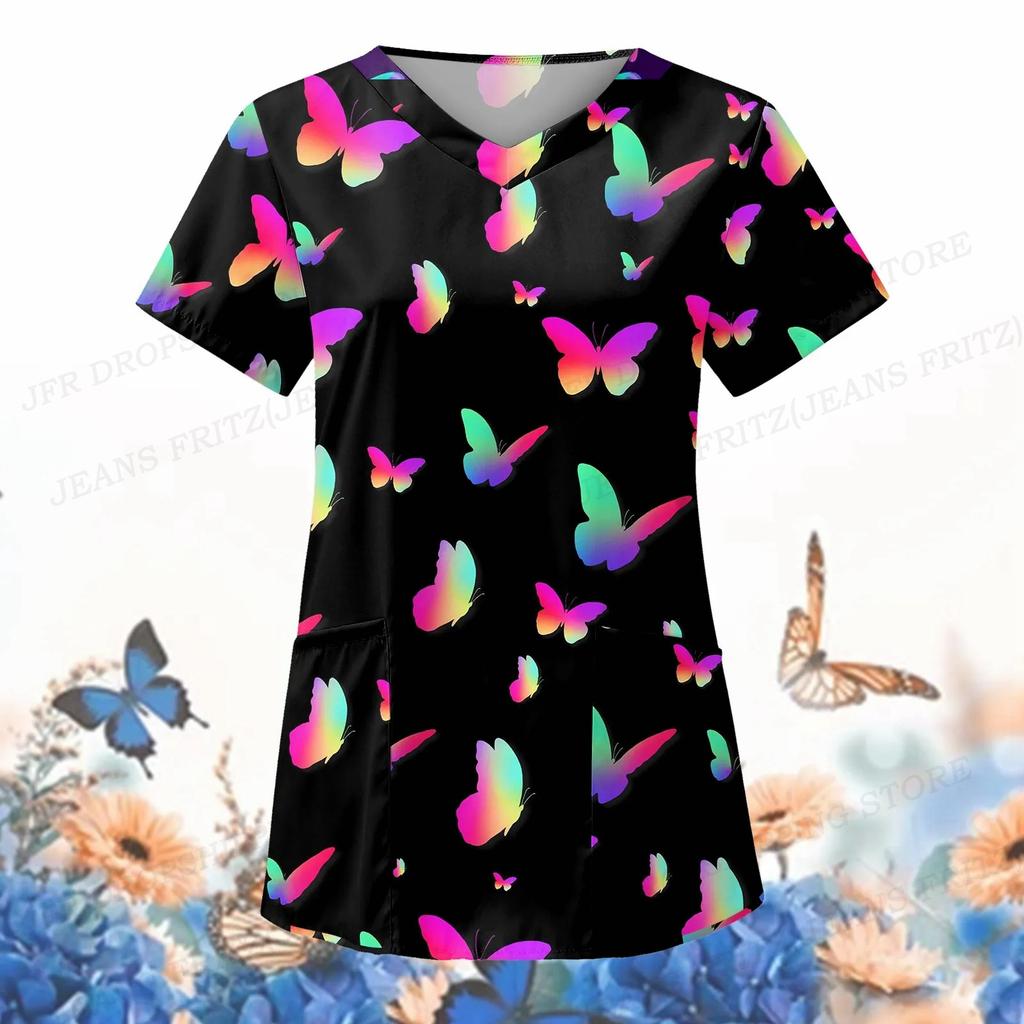 Dámská zdravotní uniforma Animal Butterfly s 3d výstřihem do V. Lékařské uniformy Harajuku ošetřovatelské peelingy Topy Uniforme enfermera Clinic