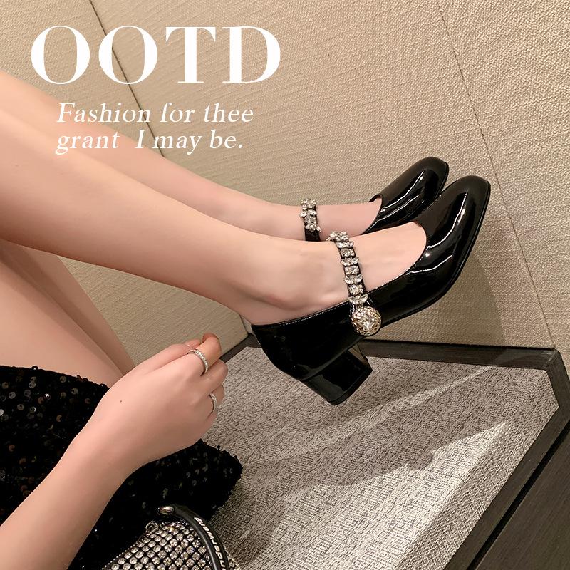 Fairy wind 2025 new French high-heeled leather round head rhinestone word with thick heel Mary Jane single shoes commuting