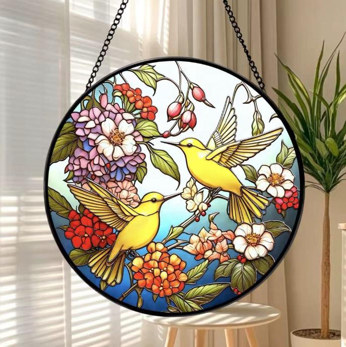 Dropshipping Colorful Hummingbird Round Stained Glass Sun Catcher Ornament Wind Chimes Colorful Wall Art Sun Catcher