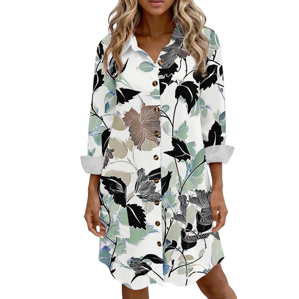 Women's Fashion Temperament Autun And Winter Button Lapel Pocket Long Sleeve Floral Print Dress