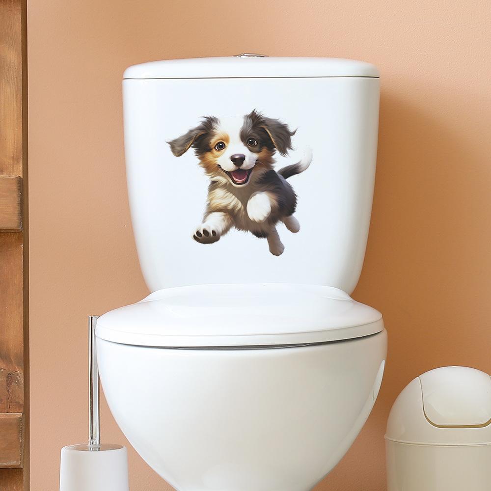 Verspieltes fröhliches Welpen Toiletten- und Wandaufkleber-Set Wasserdicht Selbstklebend Abnehmbare Aufkleber für Badezimmer WC Dekoration