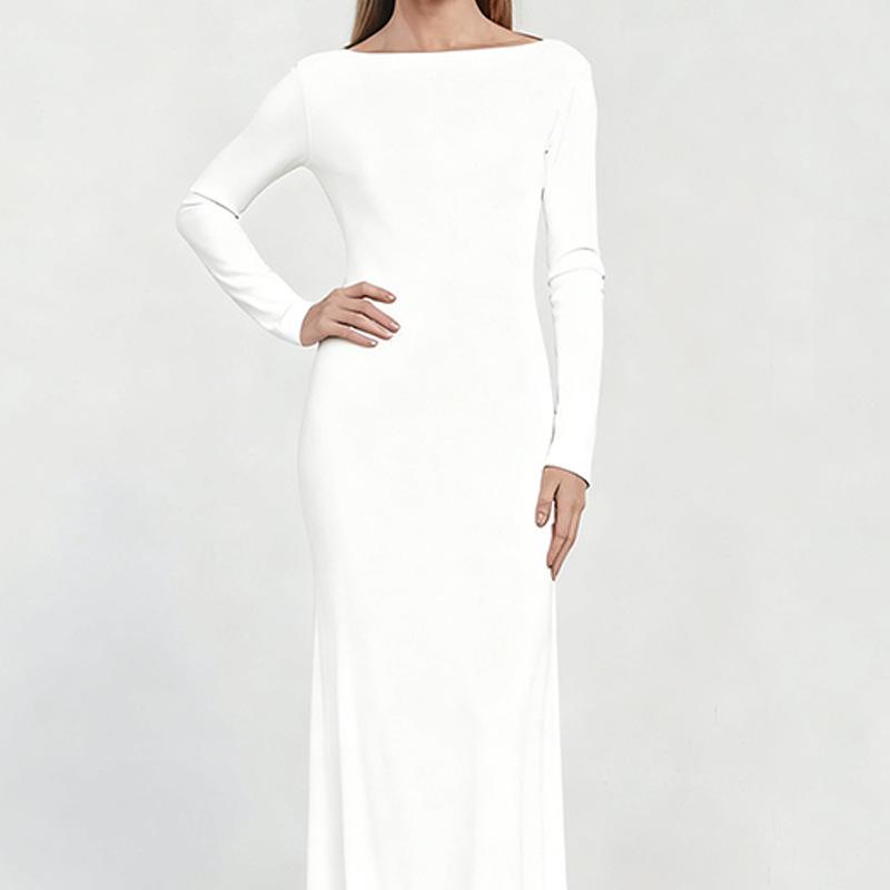 Women's Fall Long Sleeves Boat Neck Bodycon Maxi Dress Open Back Formal Dress Elegant Backless Evening Gown Party Long Dresses for Women
